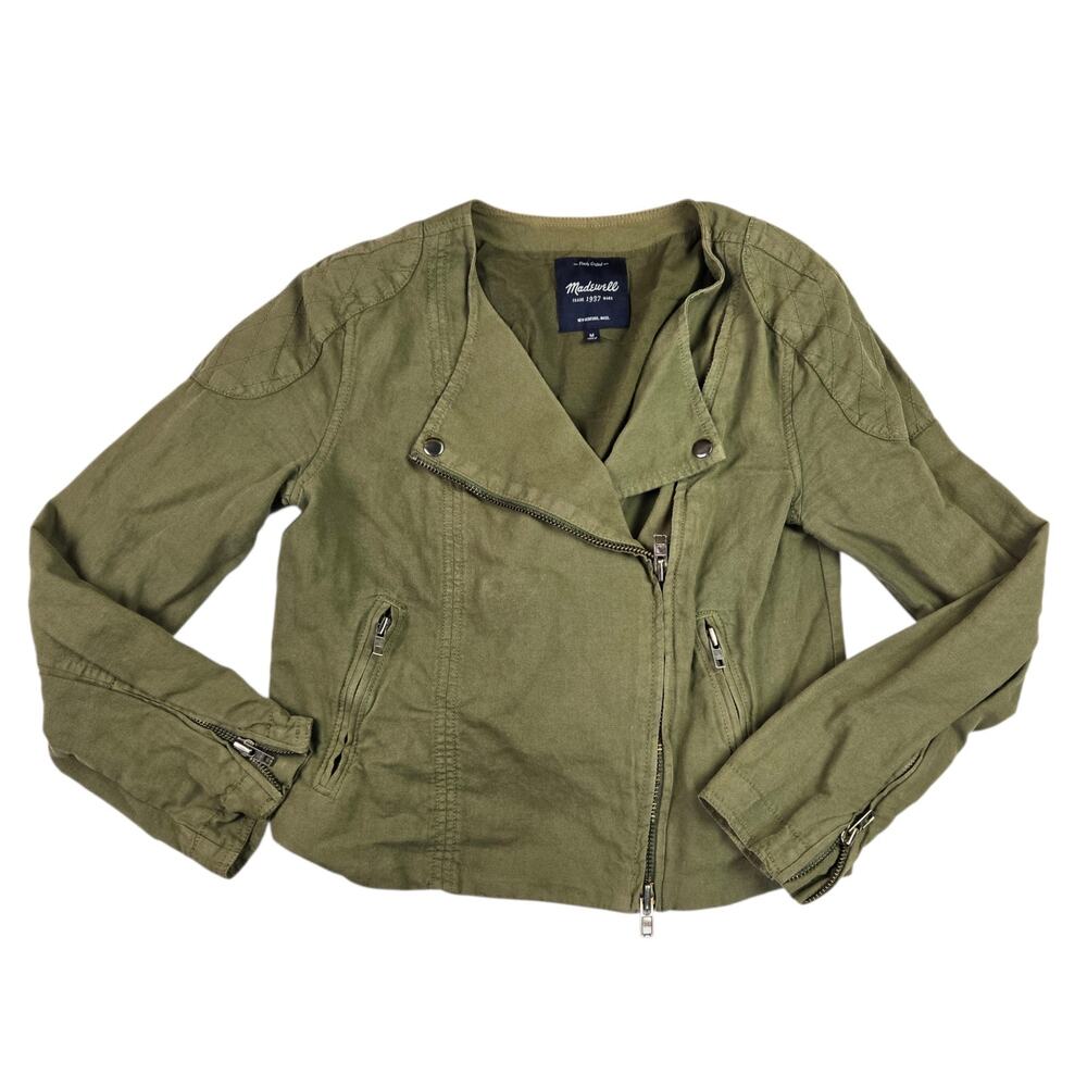 Madewell Sidecar Biker Jacket Size Medium Green Military Crop Cotton Linen